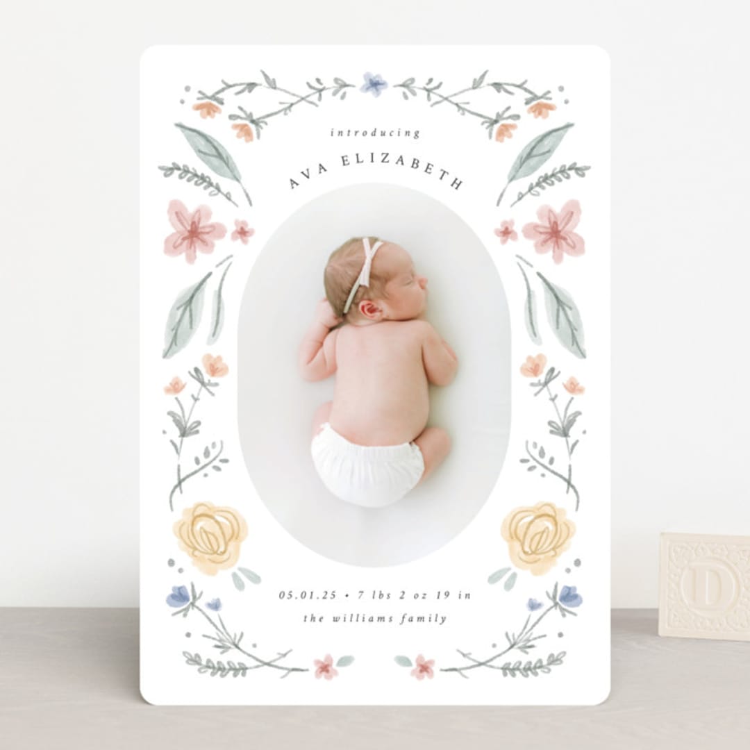 "Le Jardin" - Birth Announcements in Meadow by Emily Sabol Goss - Front