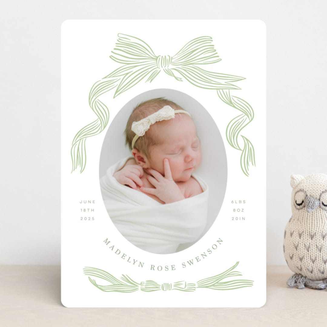 "Ribbon Bow Frame" - Birth Announcements in Mint by Stephanie Hawkes - Front