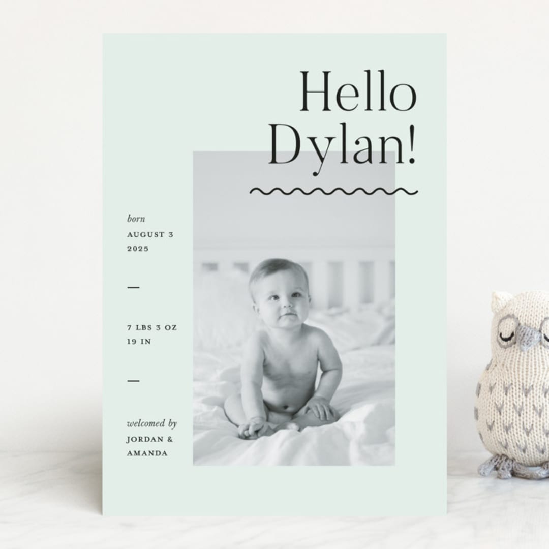"Wavy Hello" - Birth Announcements in Moss by Pixel and Hank - Front