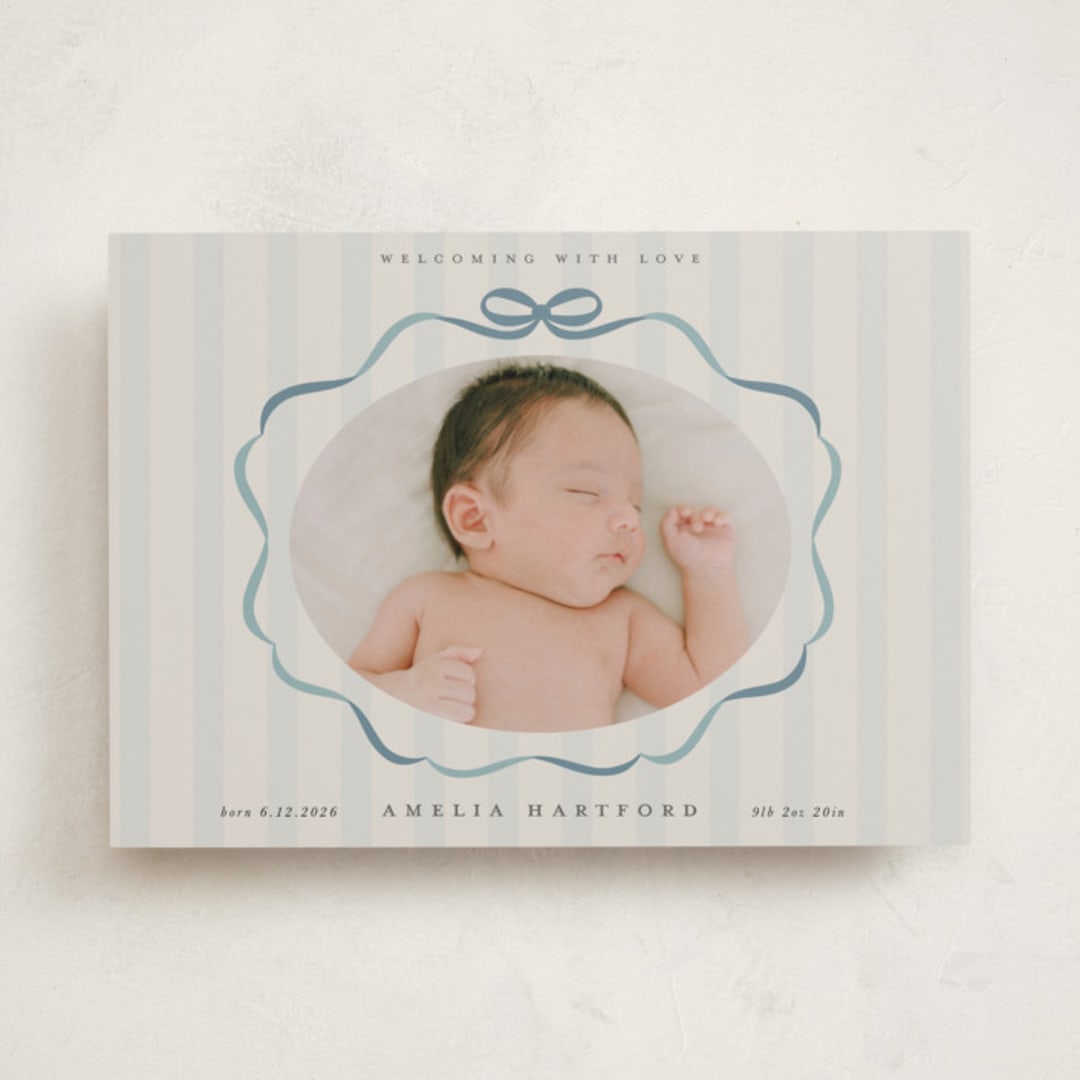 "bows and stripes" - Birth Announcements in Lagoon by Lori Wemple - Front