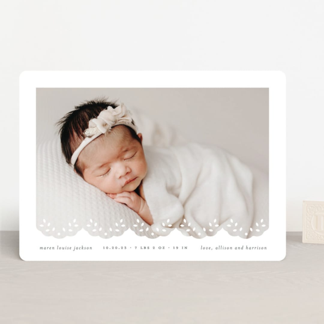 "Eyelet" - Birth Announcements in Taupe by Lauren Chism - Front