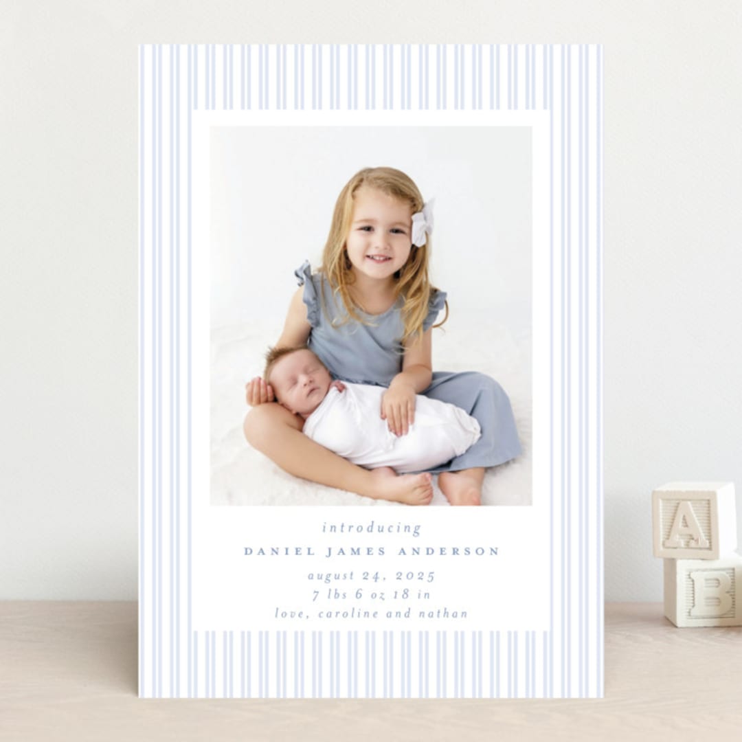 "Pinstripe Frame" - Birth Announcements in Sky by Jennifer Holbrook - Front