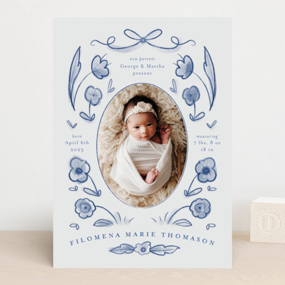 "Painted Flowers" - Birth Announcements in Delft Blue by Ani Somi - Front