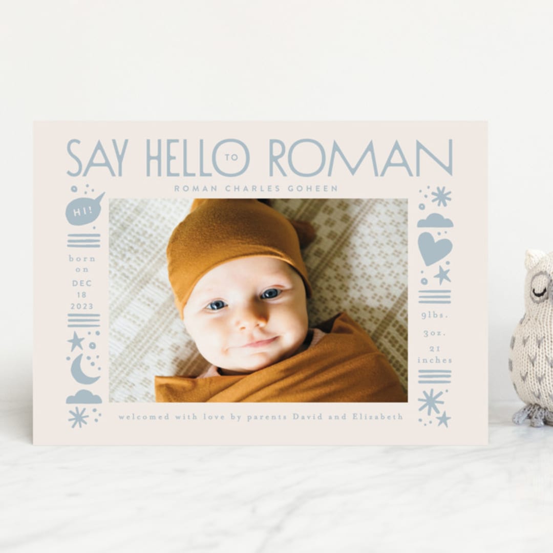 "Quirky Hello" - Birth Announcements in Powder Blue by Alethea and Ruth - Front