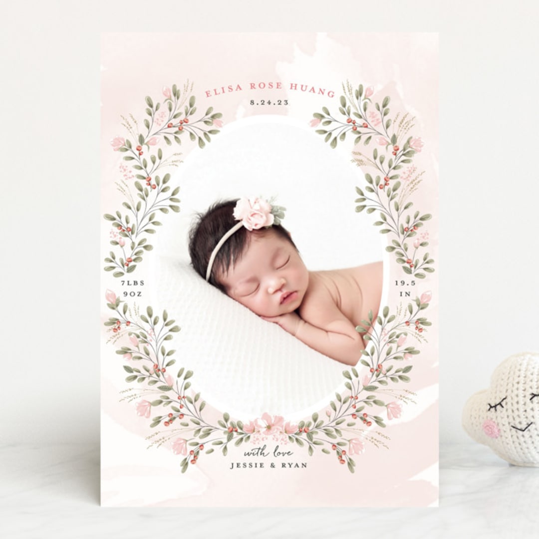 "Sweet Floral Vine" - Birth Announcements in Blush by Susan Moyal - Front