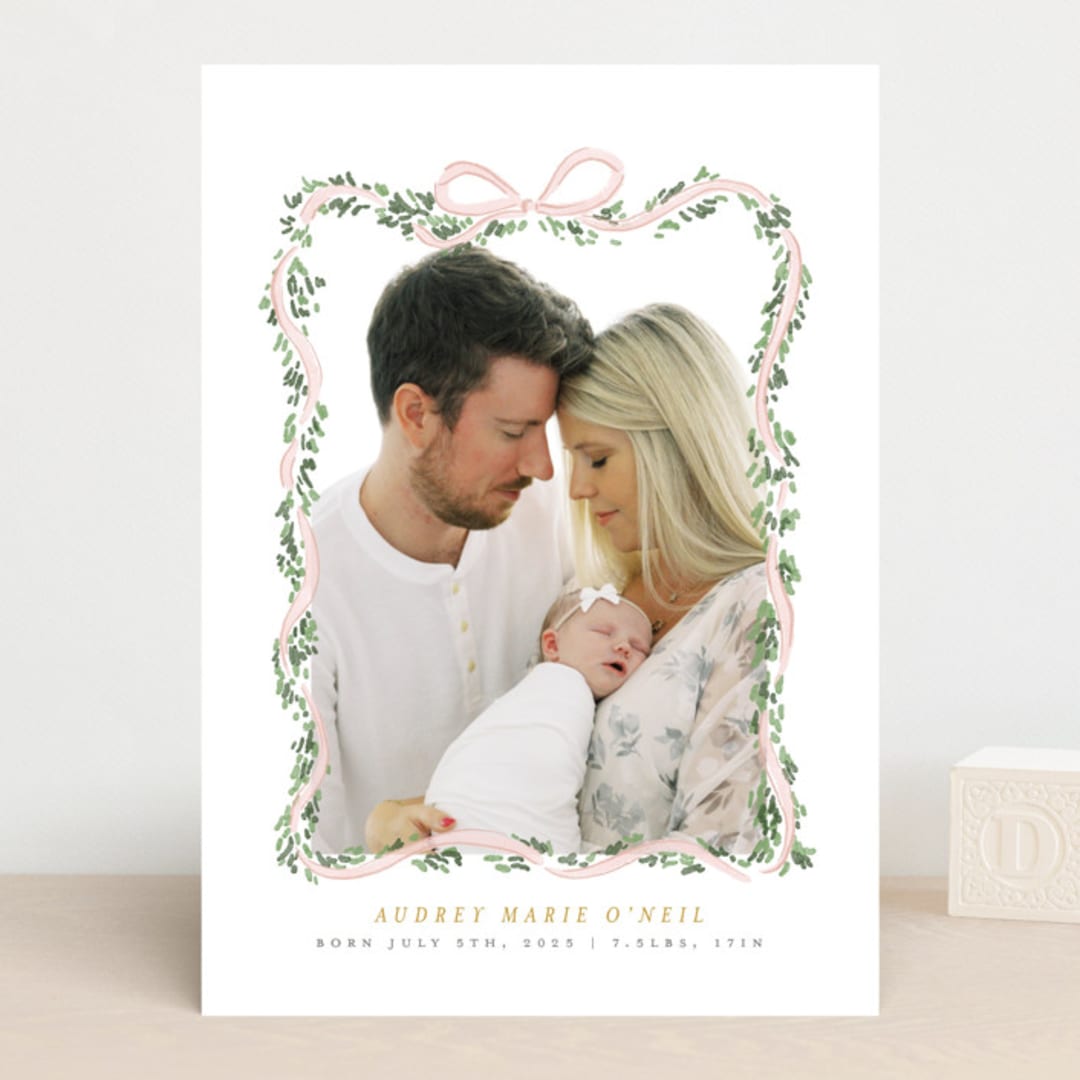 "Ribbonly Frame" - Birth Announcements in Blush by Itsy Belle Studio - Front