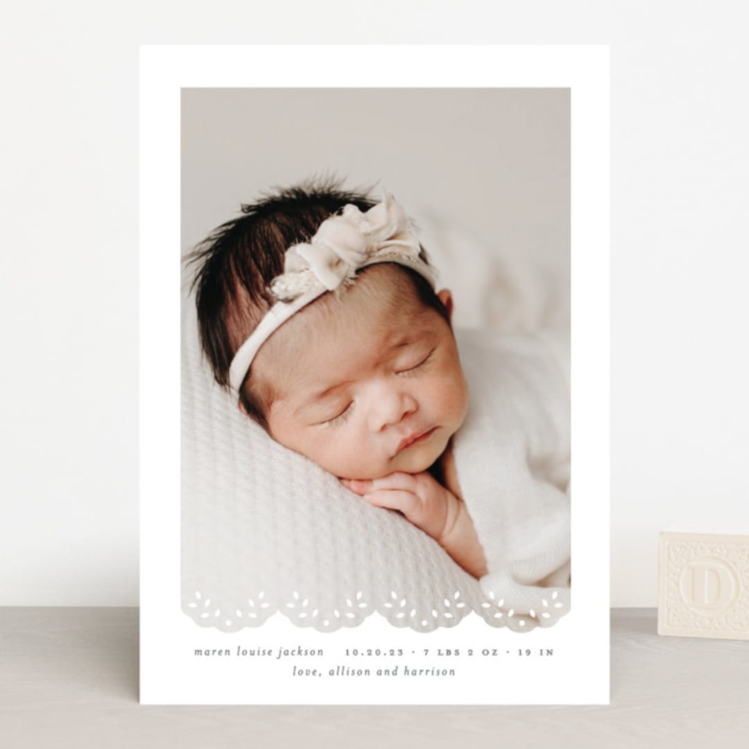 "Eyelet" - Birth Announcements in Taupe by Lauren Chism - Front