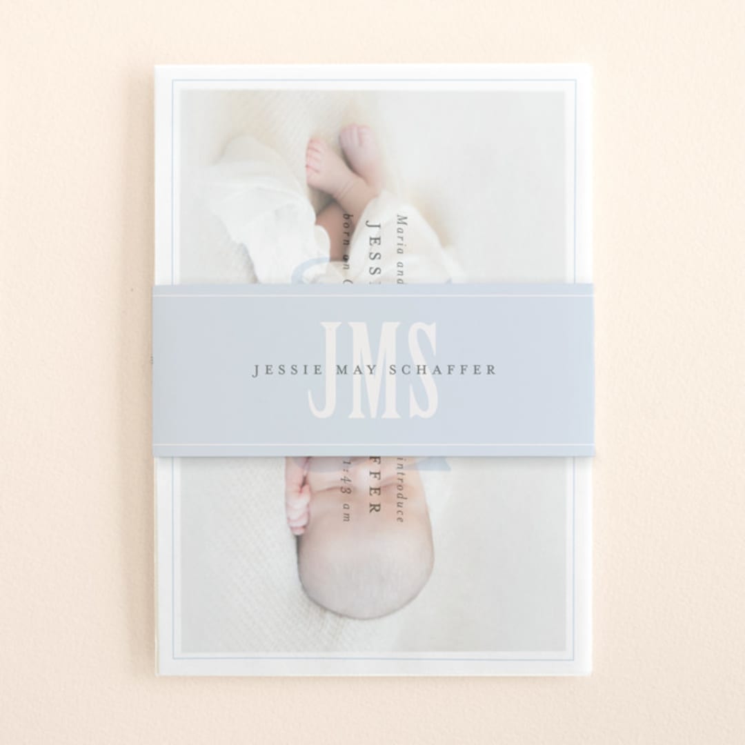 "Classic Monogram" - Birth Announcement Belly Bands in Sky by Erin Hodges - Front