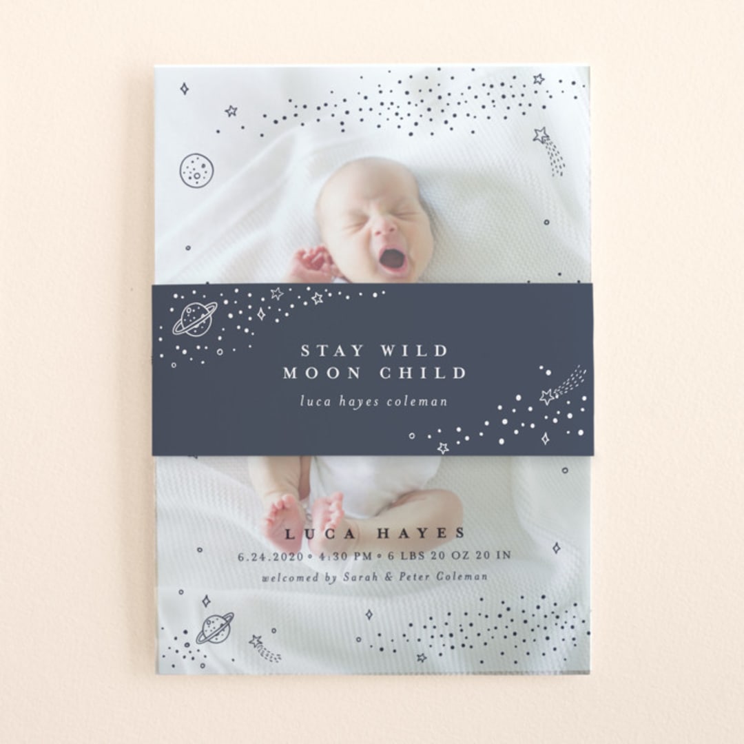 "Out of this World" - Birth Announcement Belly Bands in Navy by Monika Torun - Front