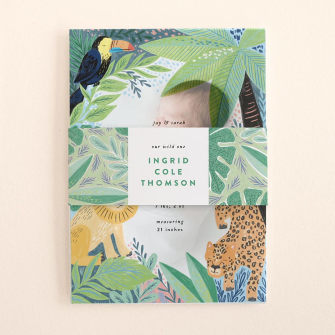 "Jungle Animal Sketchbook" - Birth Announcement Belly Bands in Canary by Alethea and Ruth - Front