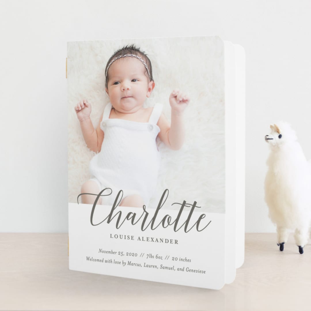 "Big Script" - Birth Announcement Booklette™ Cards in Smoke by Genna Blackburn - Front