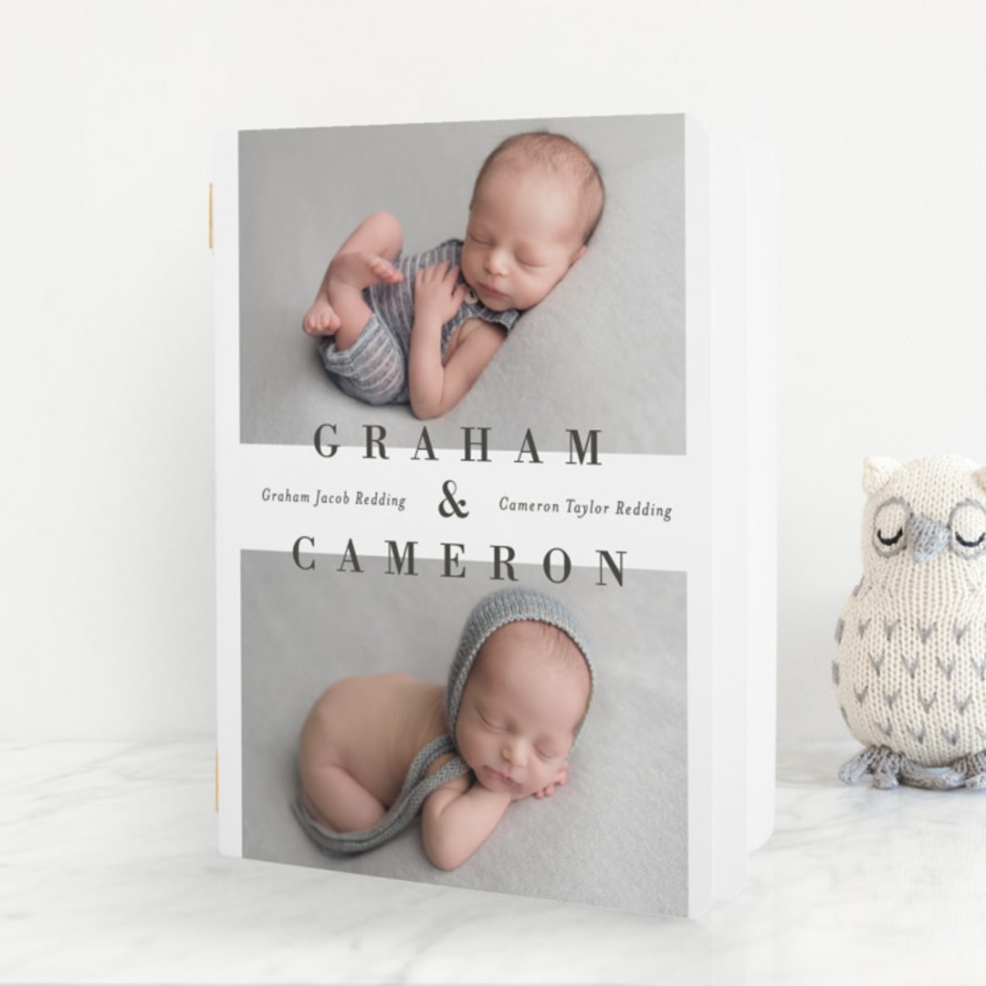"Two to Love" - Birth Announcement Booklette™ Cards in Charcoal by Michelle Taylor - Front