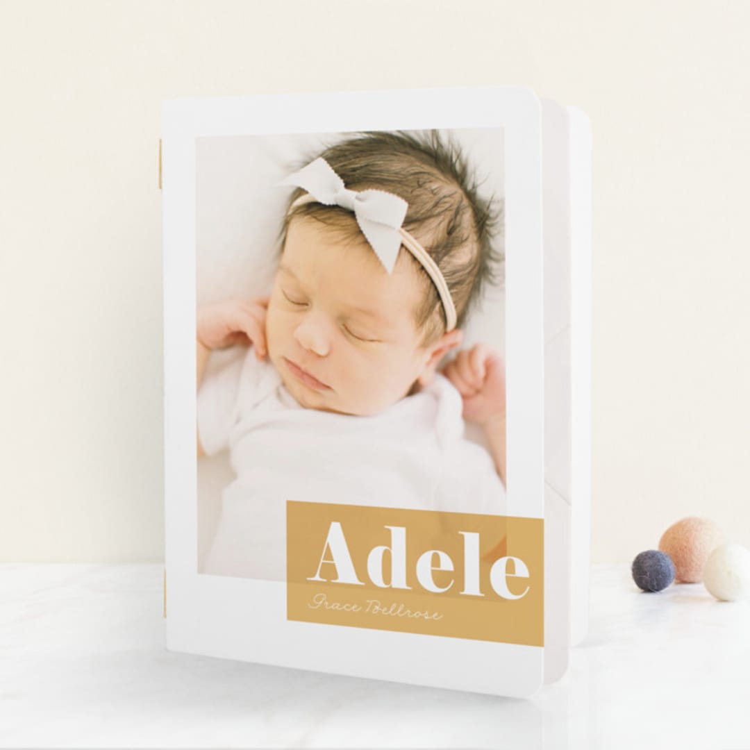 "Magazine Block" - Birth Announcement Booklette™ Cards in Marigold by Maria Hilas-Louie - Front