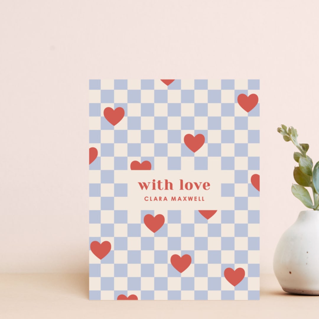 "Checkered Hearts Note Card" - Personalized Stationery in Cherry by Amber Barkley - Front