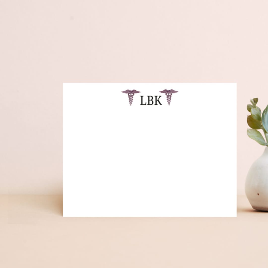 "Cadeceus" - Personalized Stationery in Mulberry by Lisa Travis - Front