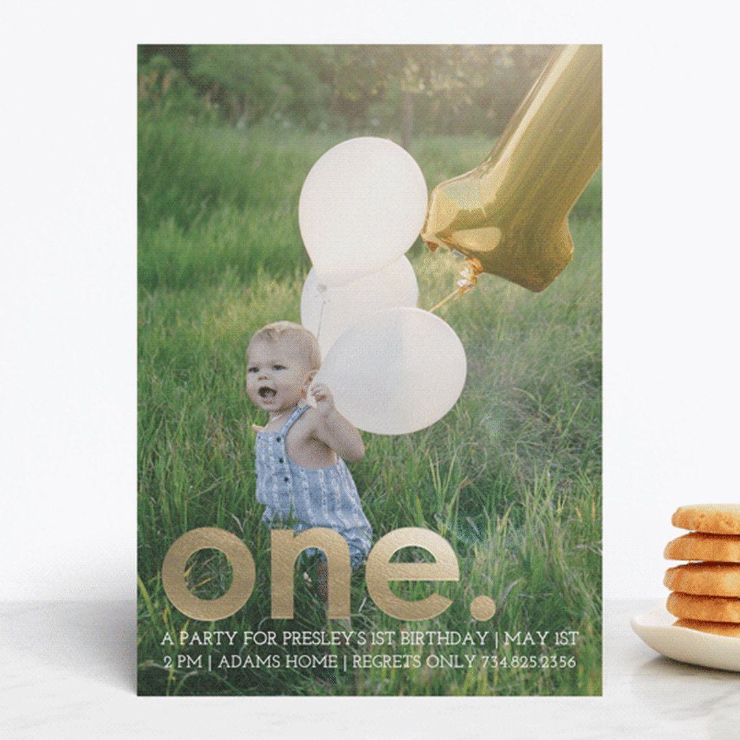 "Colorful One" - Children's Birthday Party Invitations in Gold by Denise Malacrea - Front