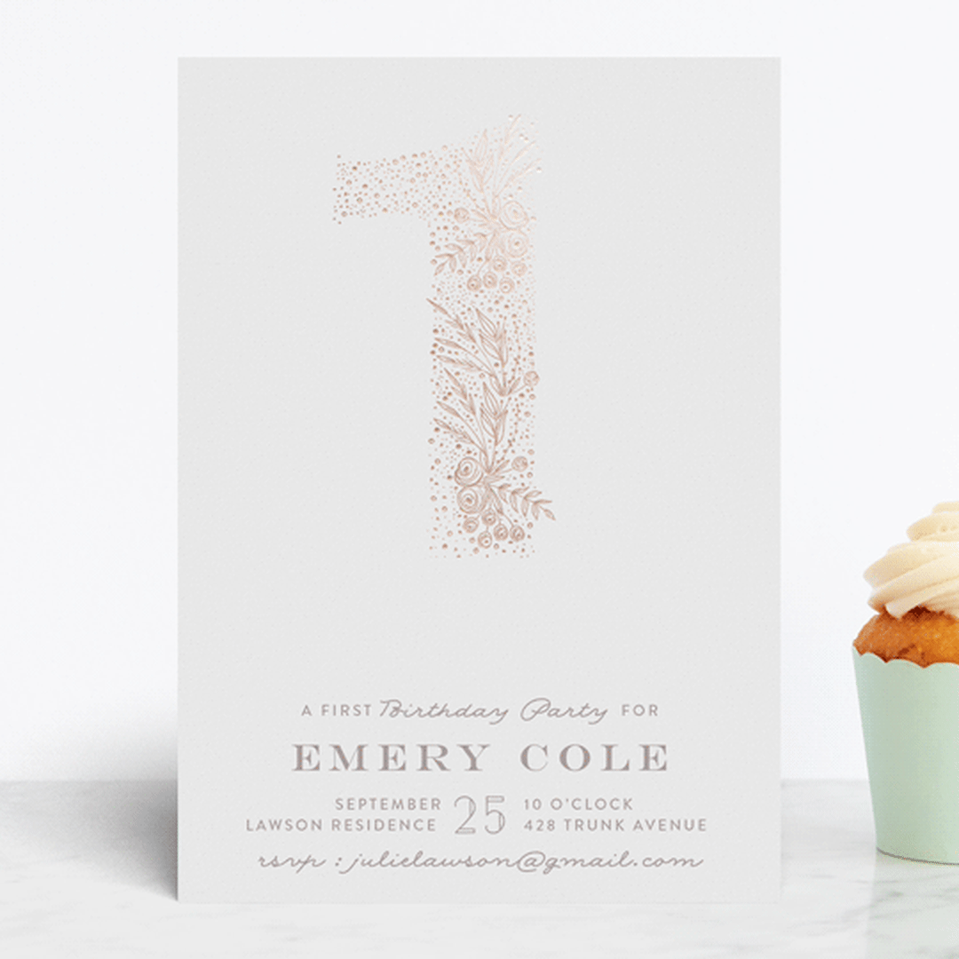 "Floral ONE" - Children's Birthday Party Invitations in Rose Gold by Phrosné Barwood - Front