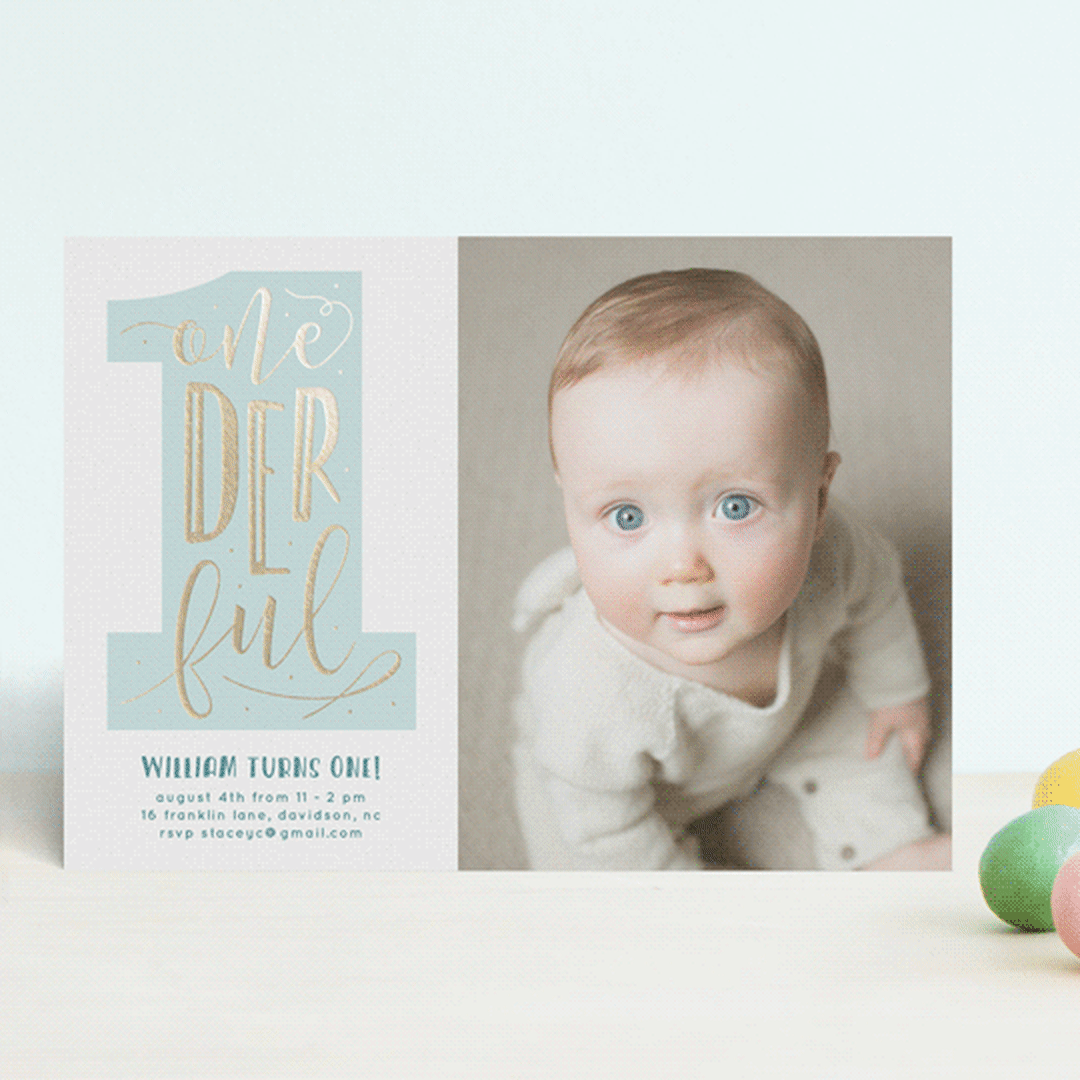 "Onederful" - Children's Birthday Party Invitations in Seafoam by Christina Novak - Front