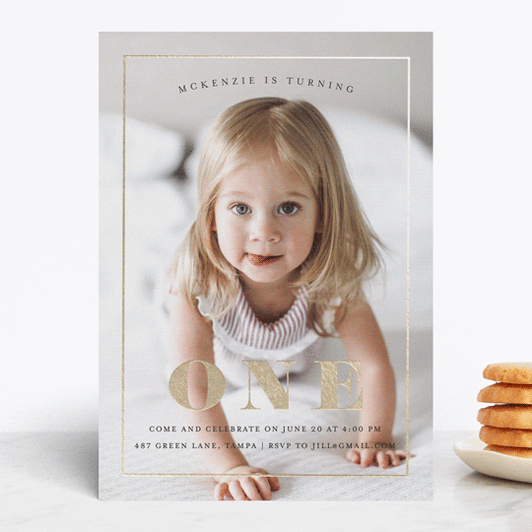 "Turning One" - Children's Birthday Party Invitations in Ebony by Kasia Labocki - Front