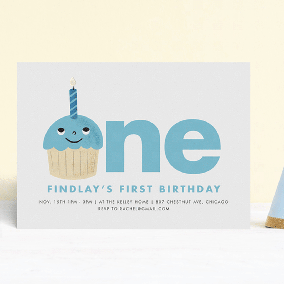 "One Cupcake" - Children's Birthday Party Invitations in Bluebird by mo kelley - Front