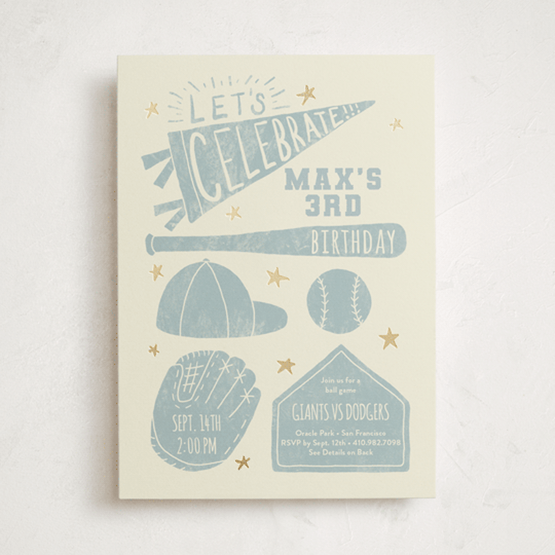 "Baseball Birthday" - Children's Birthday Party Invitations in Sky by Rebekah Canavan - Front