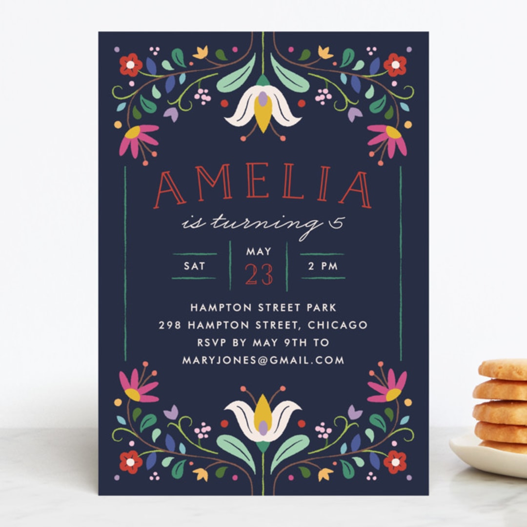 "Folk Florals" - Children's Birthday Party Invitations in Navy by Amber Barkley - Front