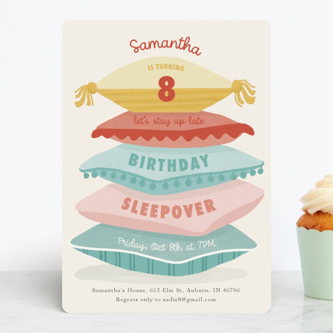 "Pillow Stack" - Children's Birthday Party Invitations in Candy by Dawn Pope - Front