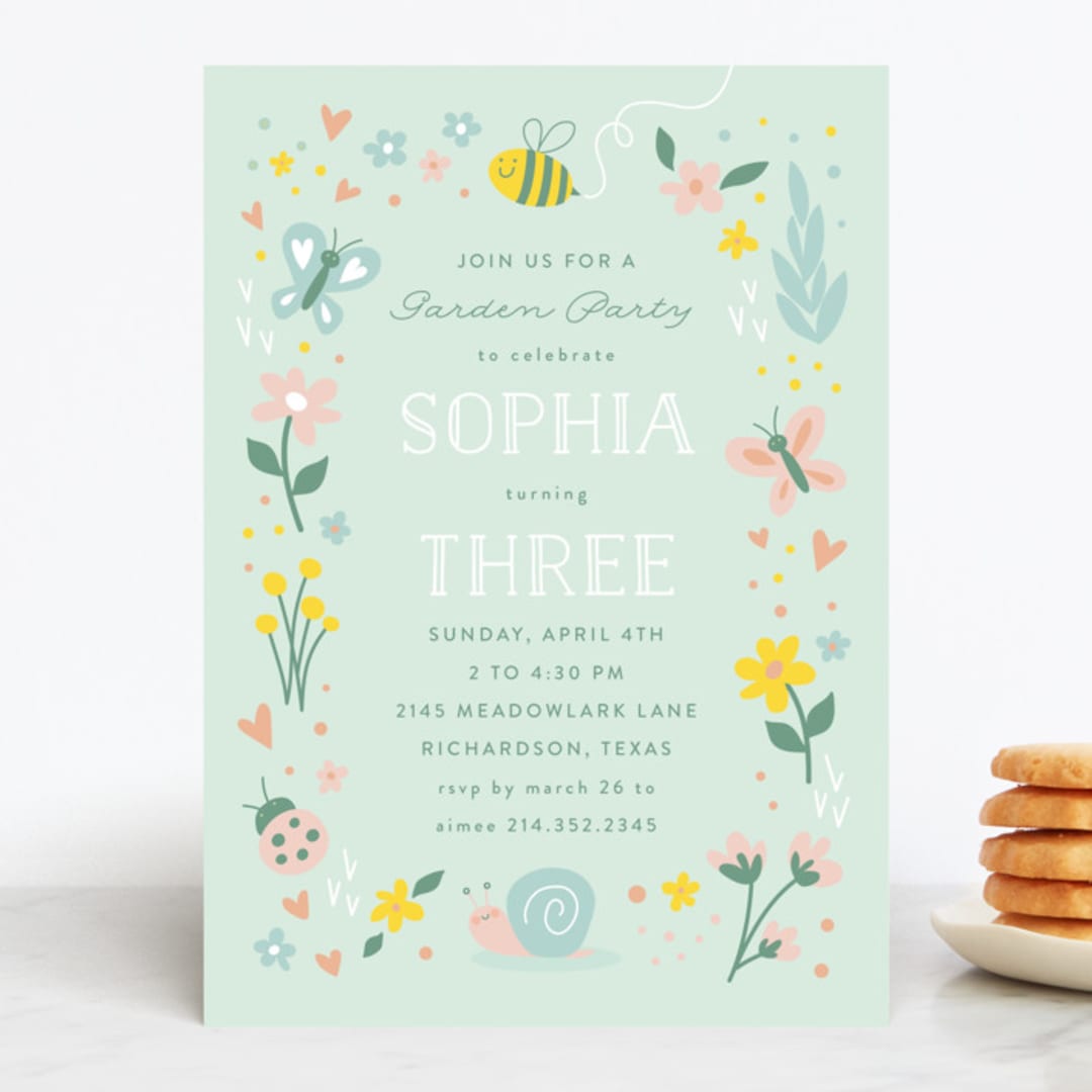 "In The Garden" - Children's Birthday Party Invitations in Sky by Susan Asbill - Front