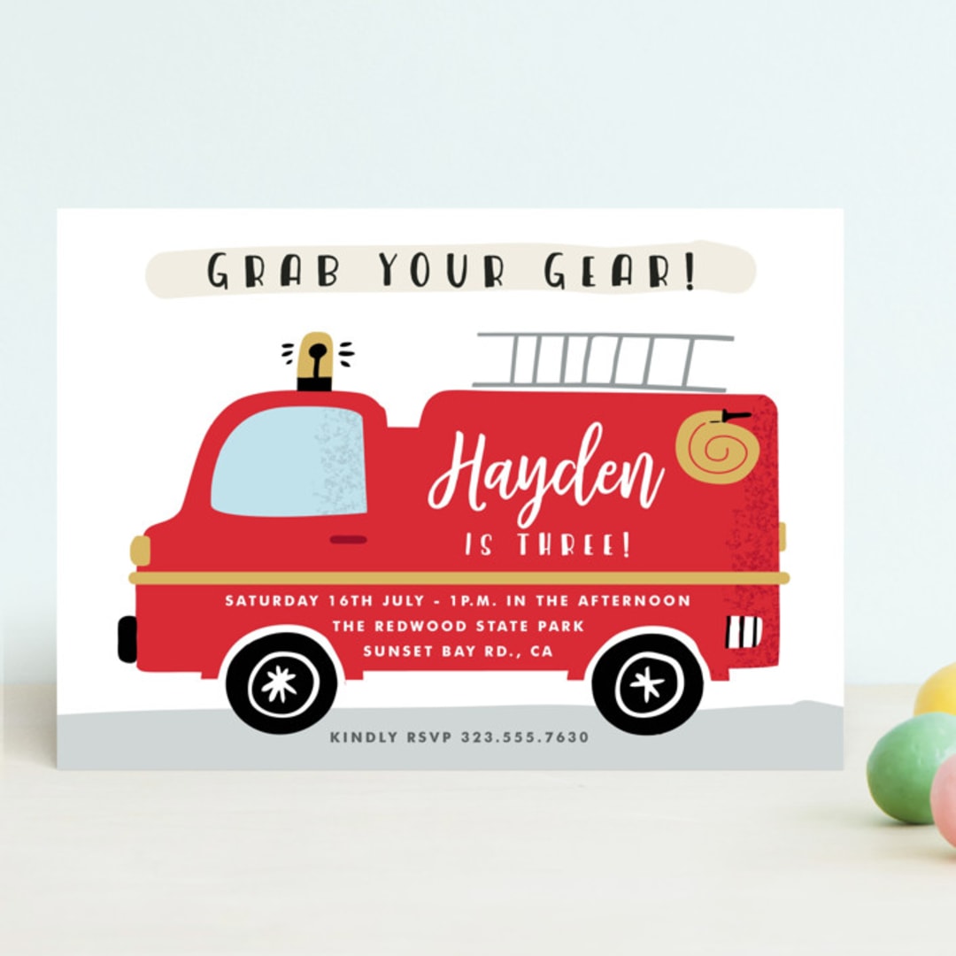 "Fired Up!" - Children's Birthday Party Invitations in Cherry by Oma N. Ramkhelawan - Front