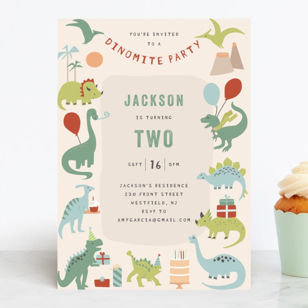 "Dino Party" - Children's Birthday Party Invitations in Sand by Teju Reval - Front