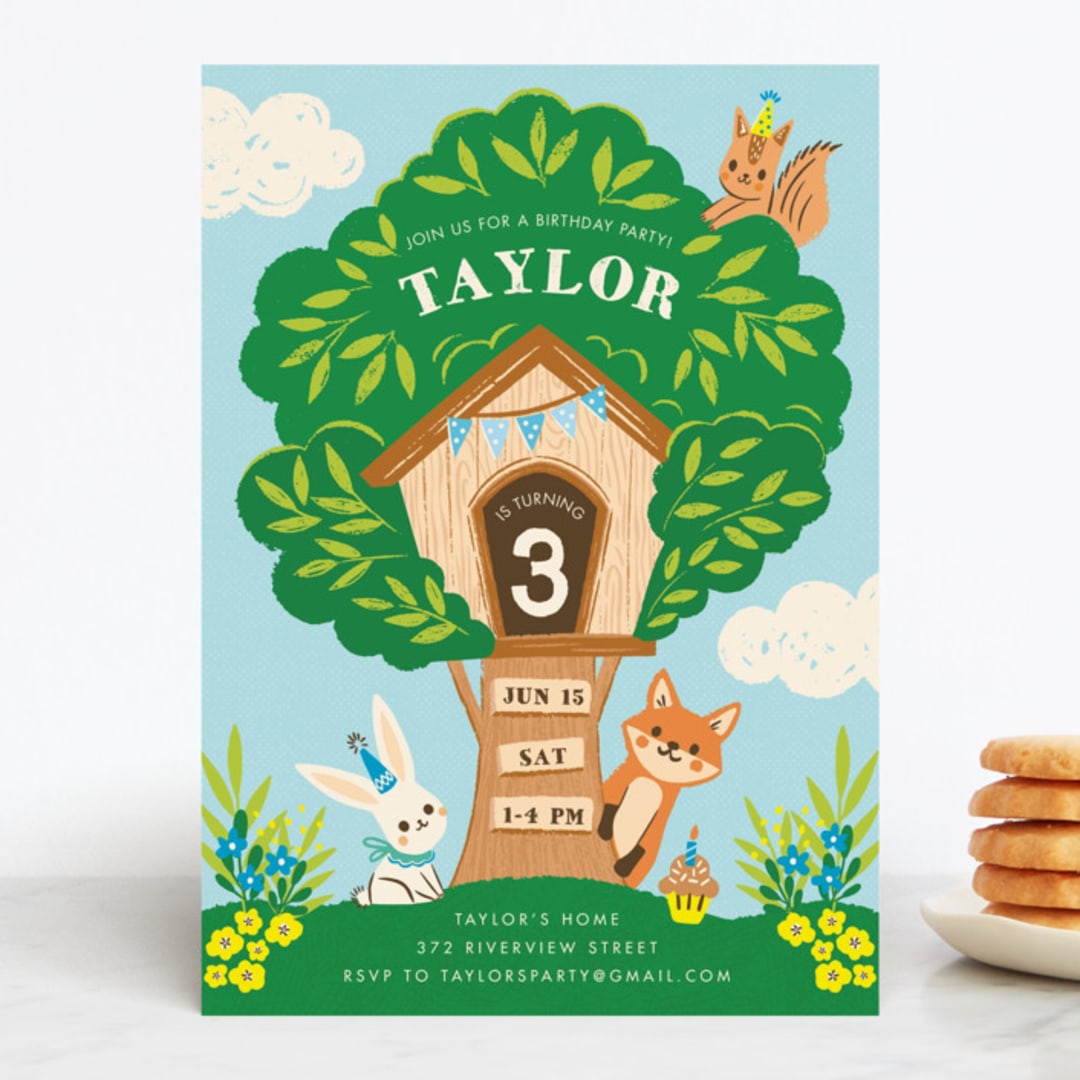 "Woodland Birthday" - Children's Birthday Party Invitations in Sky by Vivian Yiwing - Front