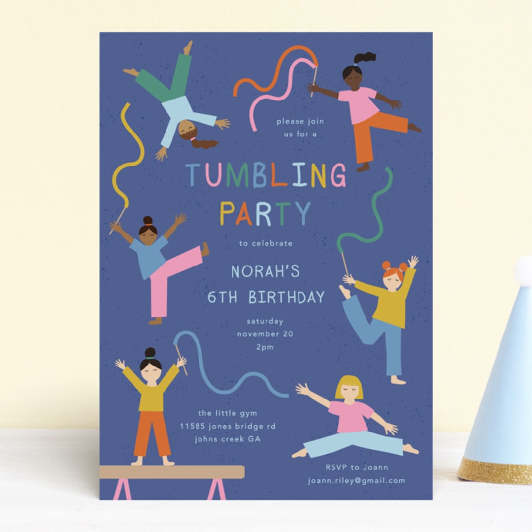 "Tumbling Party" - Children's Birthday Party Invitations in Blueberry by Kelly Watkins - Front