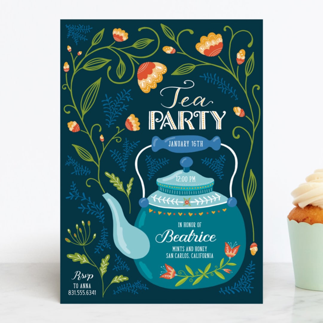 "Garden Tea Party" - Children's Birthday Party Invitations in Lake by Erin Deegan - Front