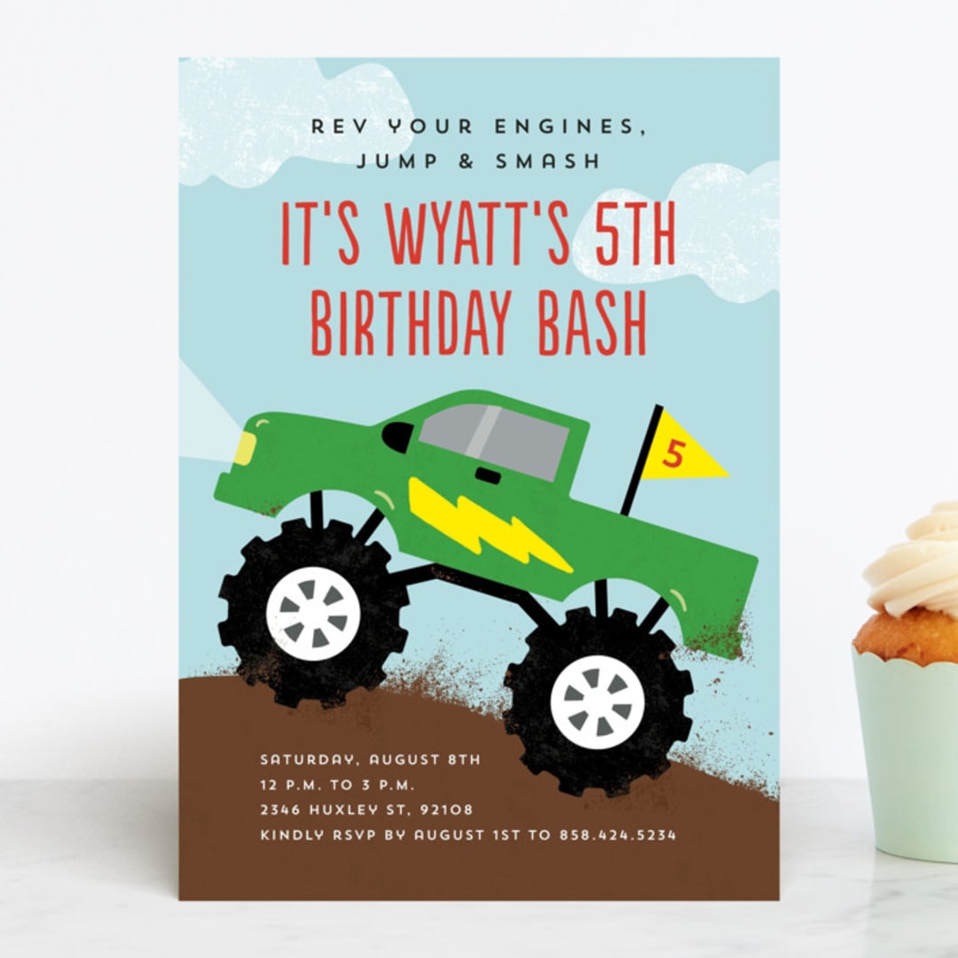 "Monster Truck" - Children's Birthday Party Invitations in Lime by Erica Krystek - Front