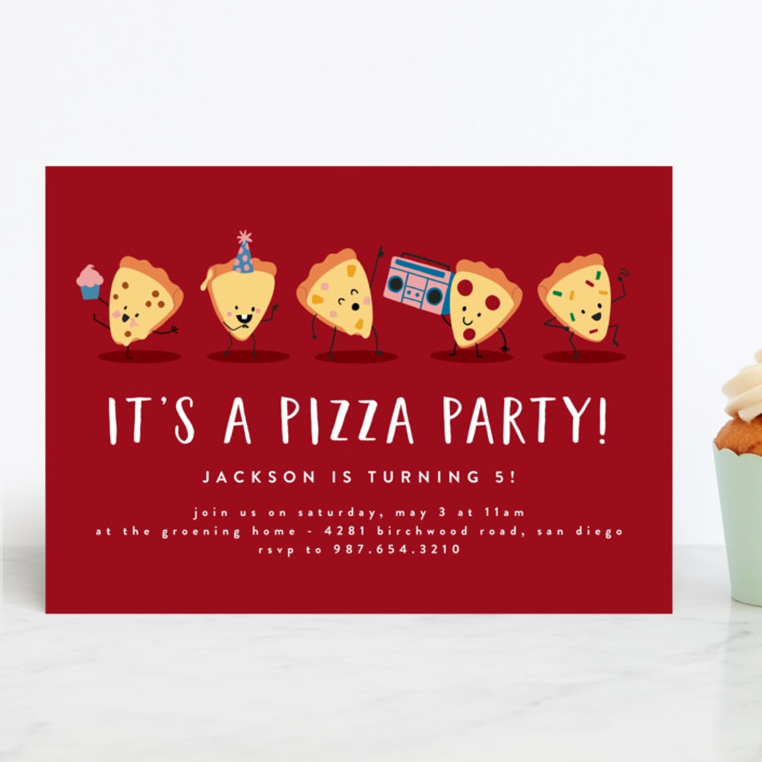 "It's A Pizza Party" - Children's Birthday Party Invitations in Tomato by Katie Zimpel - Front
