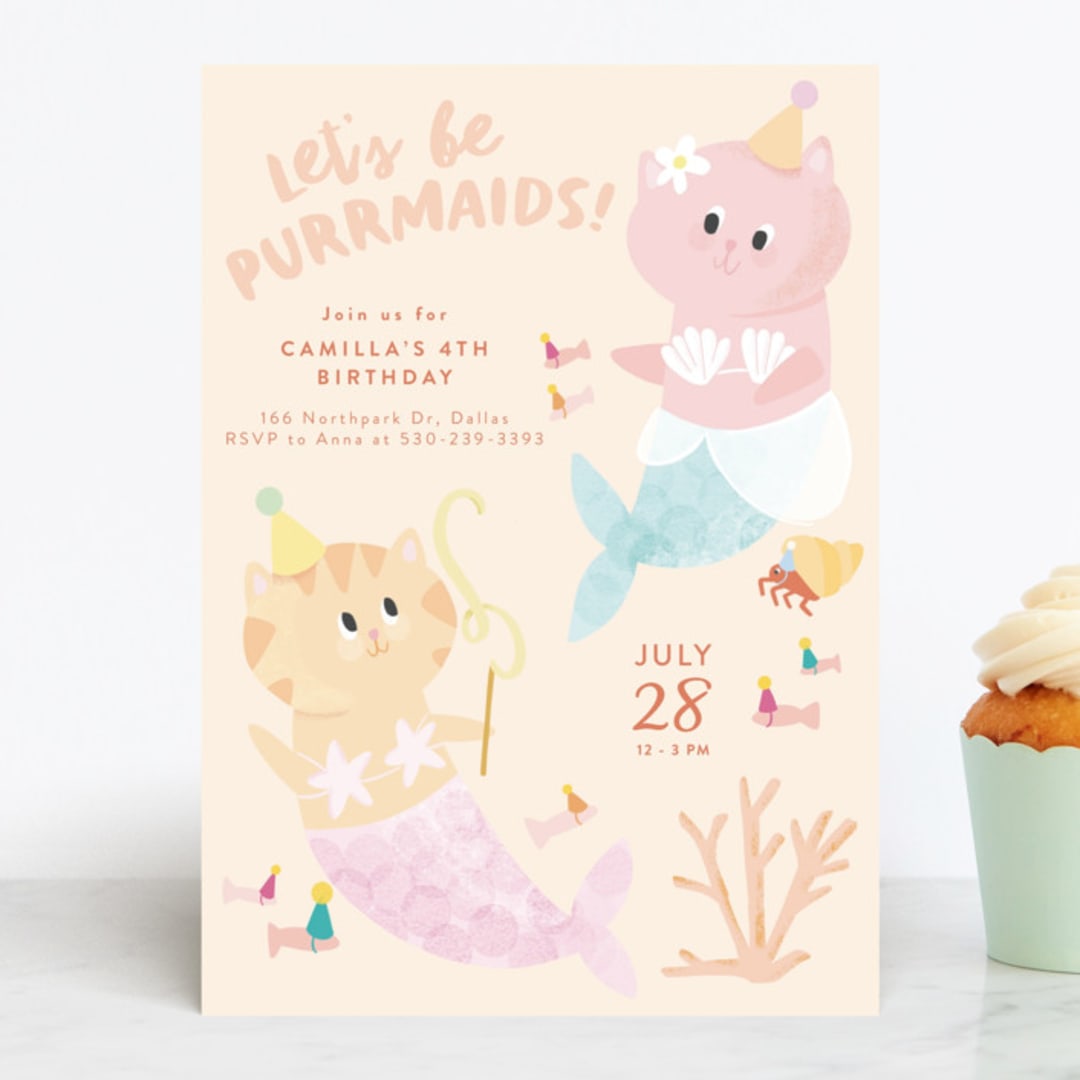"Merkitty" - Children's Birthday Party Invitations in Melon by Haley Warner - Front