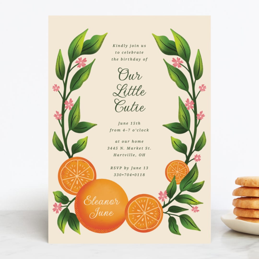 "Cutie" - Children's Birthday Party Invitations in Clementine by Megan Cash - Front