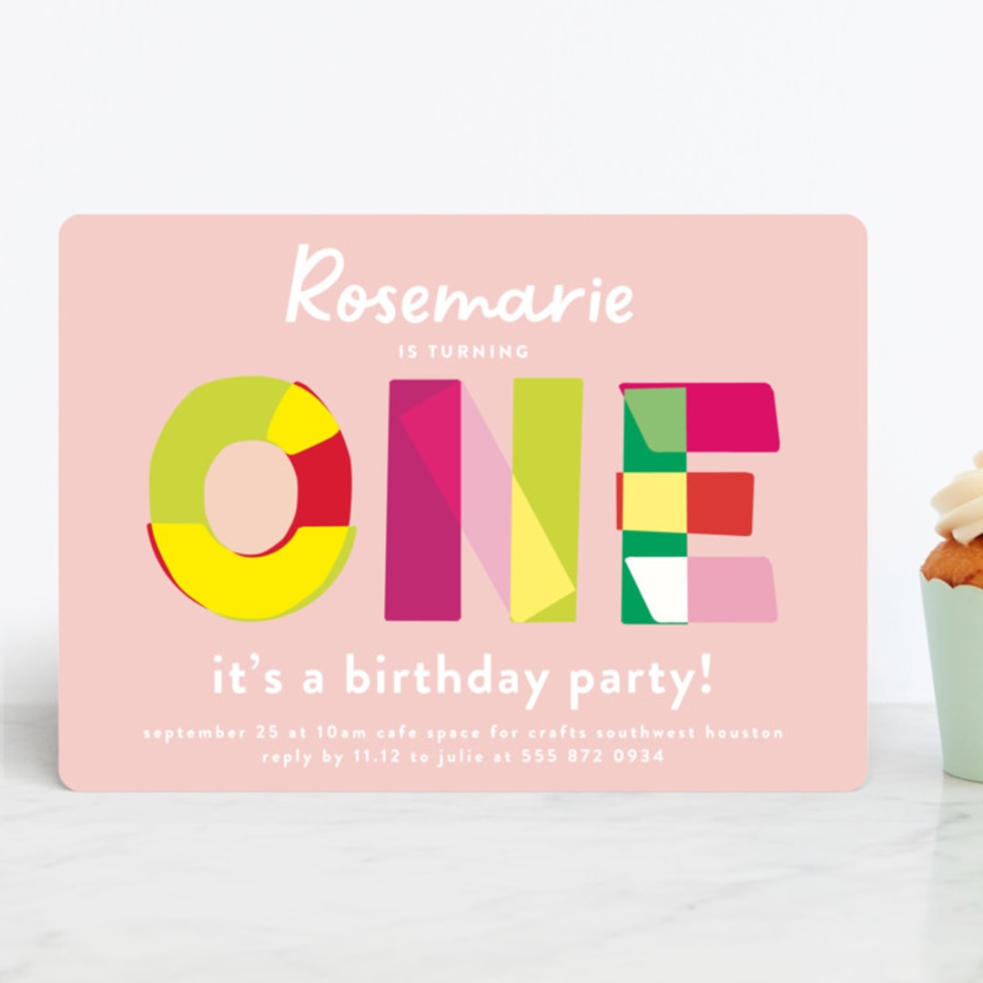 "One" - Children's Birthday Party Invitations in Peony by Phrosné Barwood - Front