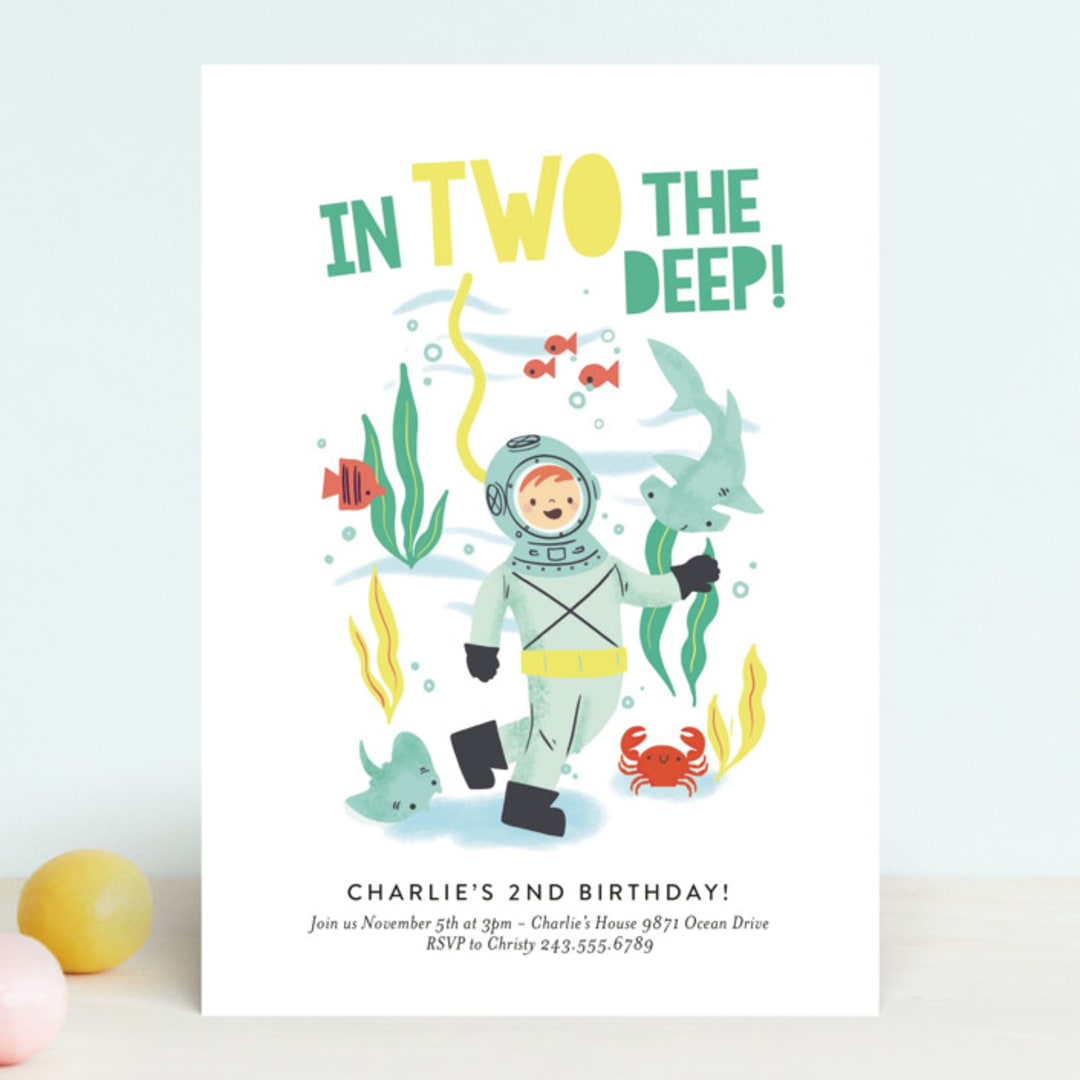 "Deep Dive" - Children's Birthday Party Invitations in Sea Green by Itsy Belle Studio - Front