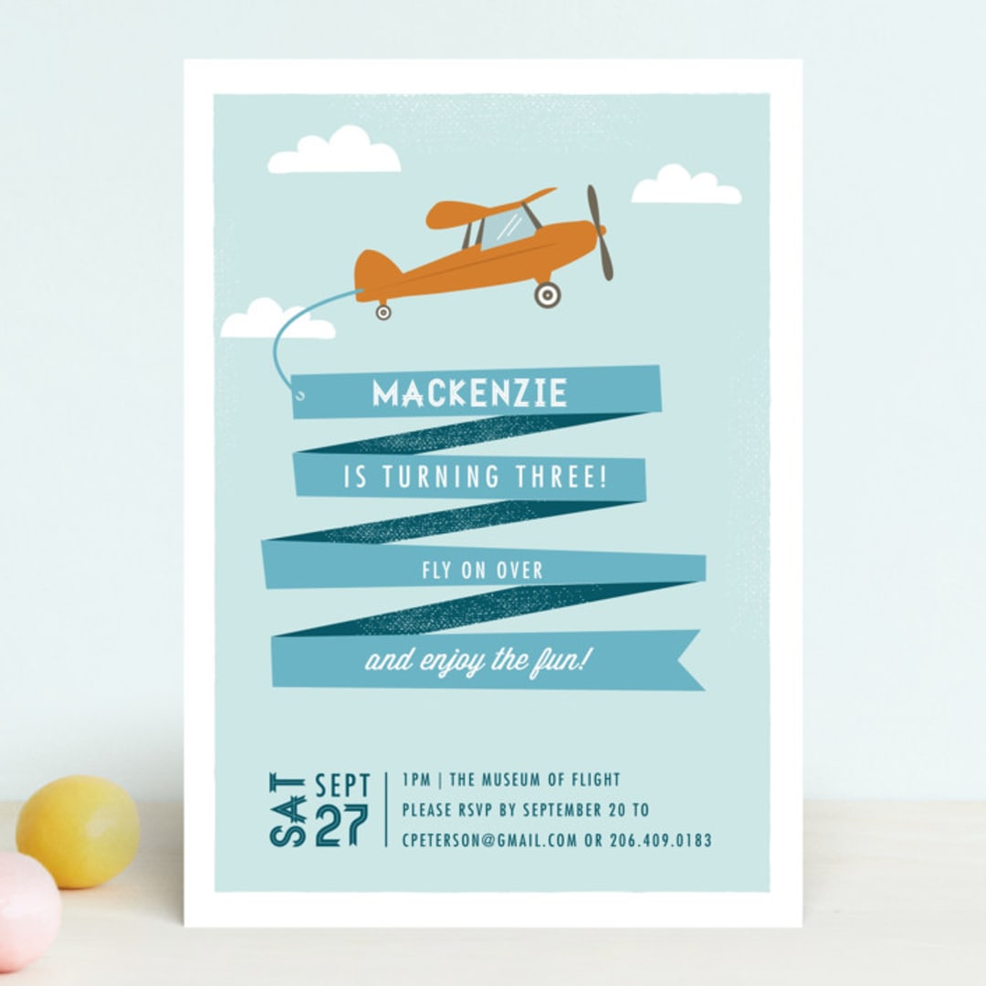 "Airplane News Stream" - Children's Birthday Party Invitations in Sky by Karidy Walker - Front