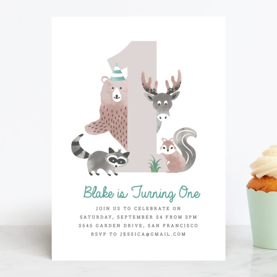 "Woodland" - Children's Birthday Party Invitations in Turquoise by Kampai Designs - Front