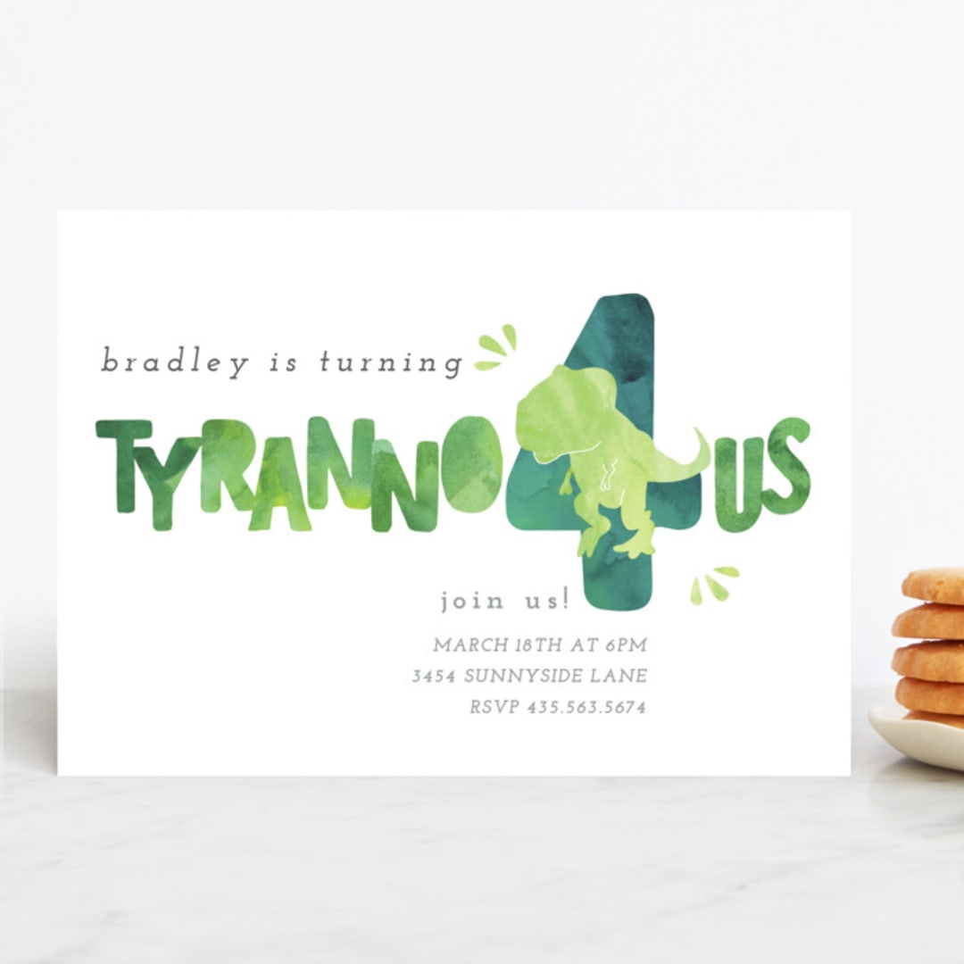 "Dino Party" - Children's Birthday Party Invitations in Lime by Cindy Denning - Front
