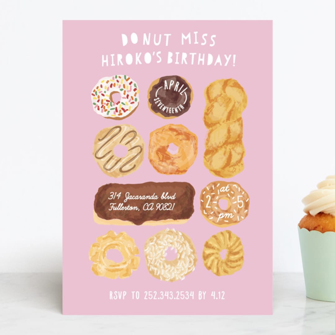 "Donut Miss The Party" - Children's Birthday Party Invitations in Bubble Gum by Shiny Penny Studio - Front