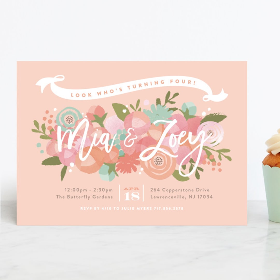 "Blooming Peonies" - Children's Birthday Party Invitations in Peach by Jennifer Wick - Front