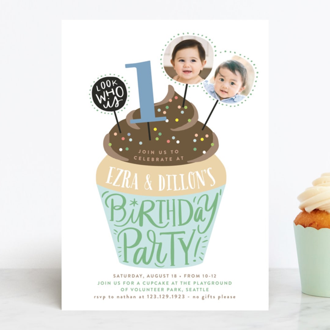 "Cupcake Topper" - Children's Birthday Party Invitations in Turquoise by Alethea and Ruth - Front