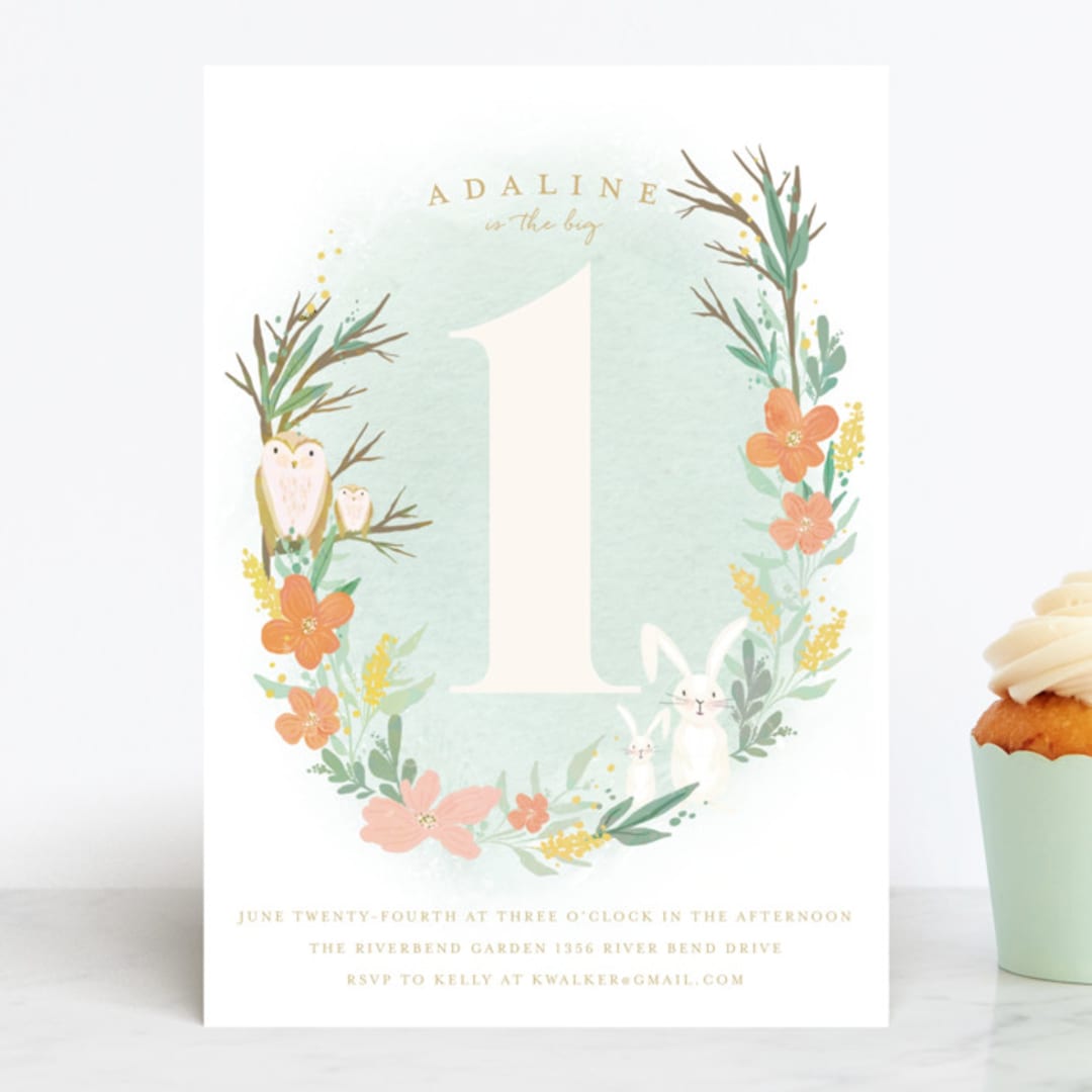 "Woodland One" - Children's Birthday Party Invitations in Snow by Grace Kreinbrink - Front