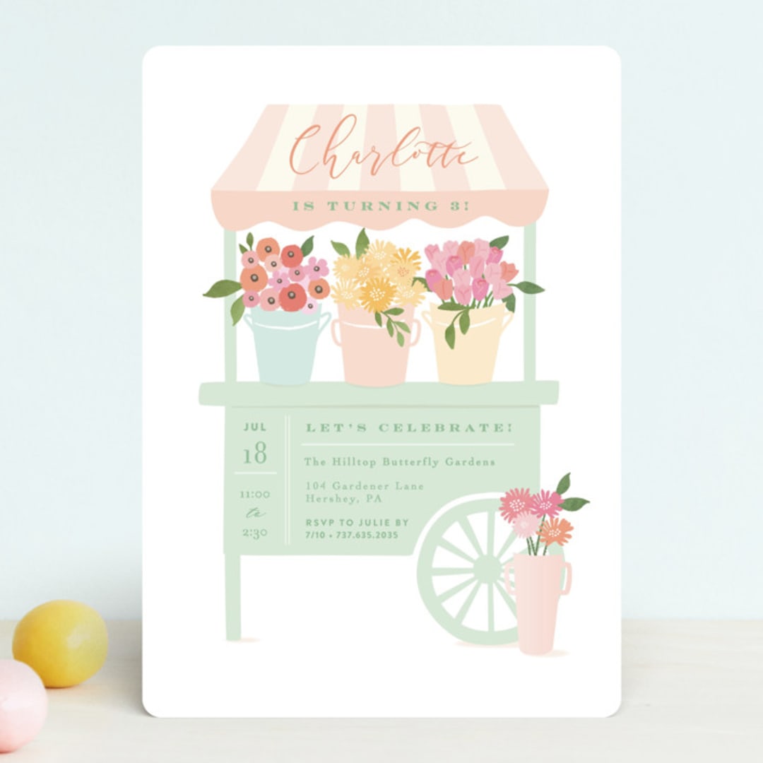 "Petite flower cart" - Children's Birthday Party Invitations in Grass by Jennifer Wick - Front