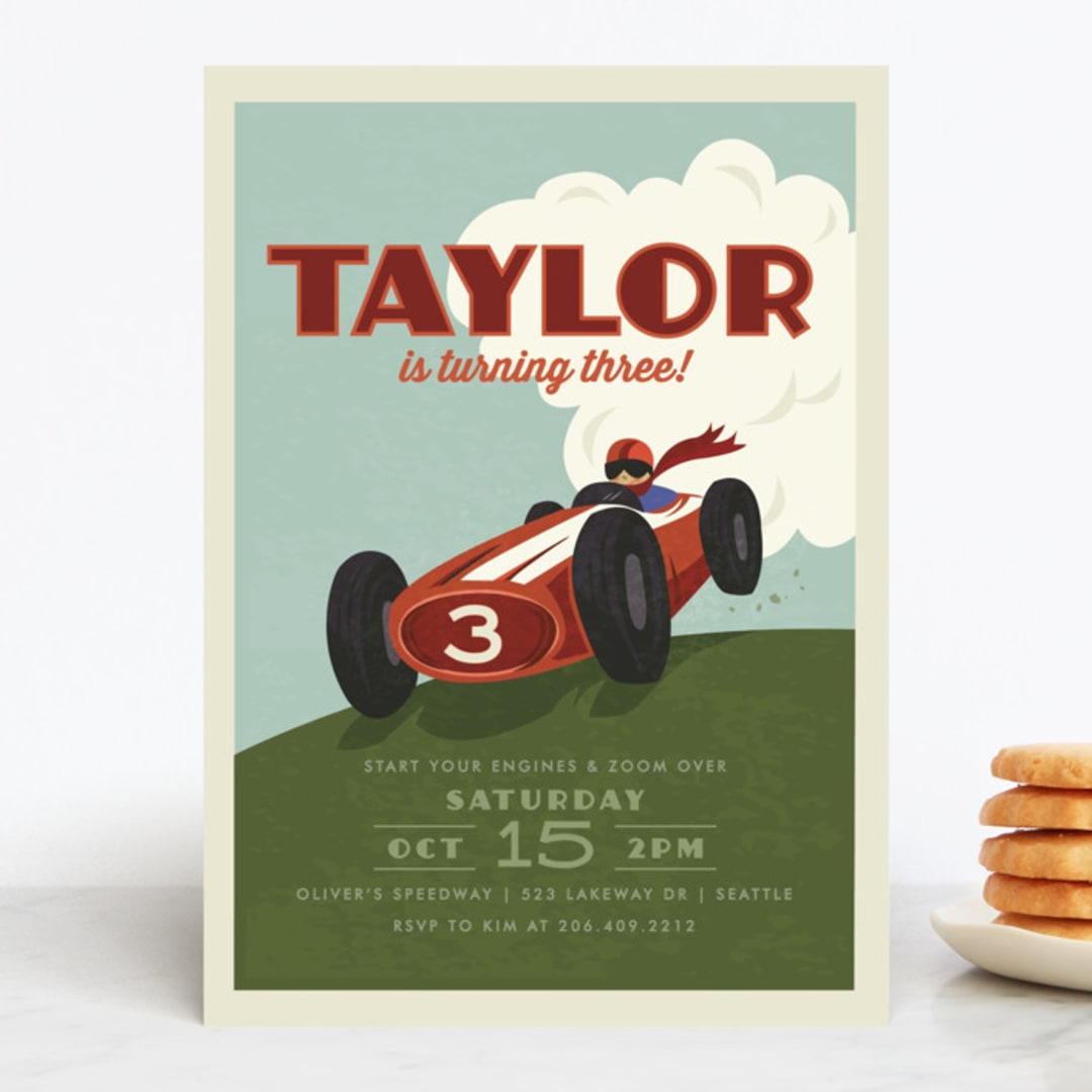 "Start Your Engines" - Children's Birthday Party Invitations in Maroon by Karidy Walker - Front