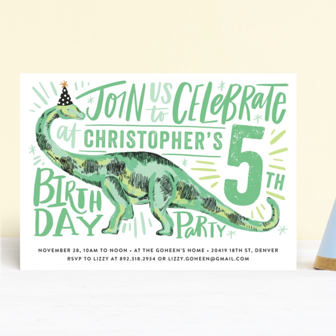 "Dino Party Hat" - Children's Birthday Party Invitations in Fern by Alethea and Ruth - Front