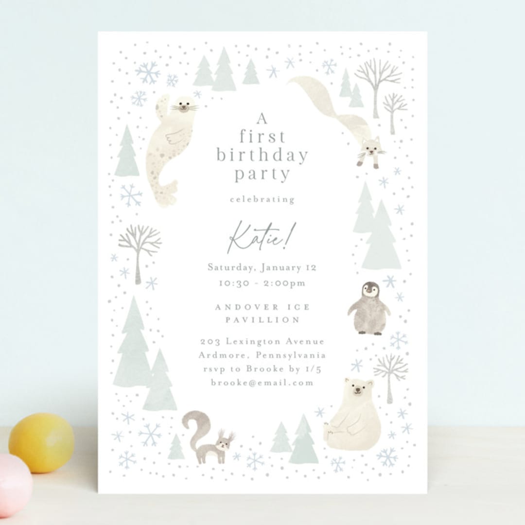 "Arctic friends" - Children's Birthday Party Invitations in Seafoam by Jennifer Wick - Front